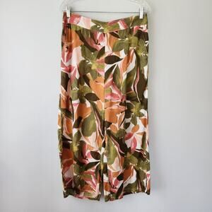 Tahari Wide Leg Linen Pants Women's L Olive Green Leafy Print Resortwear Beach